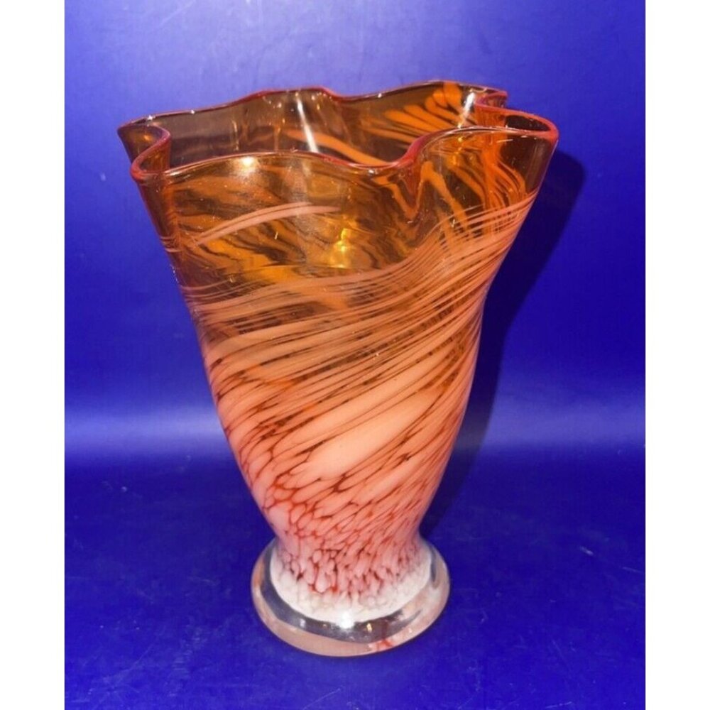 Art Glass Handkerchief Swung Vase Orange White Ruffled Edge Swirled Vintage MCM